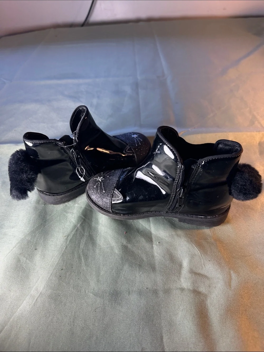 Primark Black Patent Girls' Ankle Boots with Glitter Cat Toes